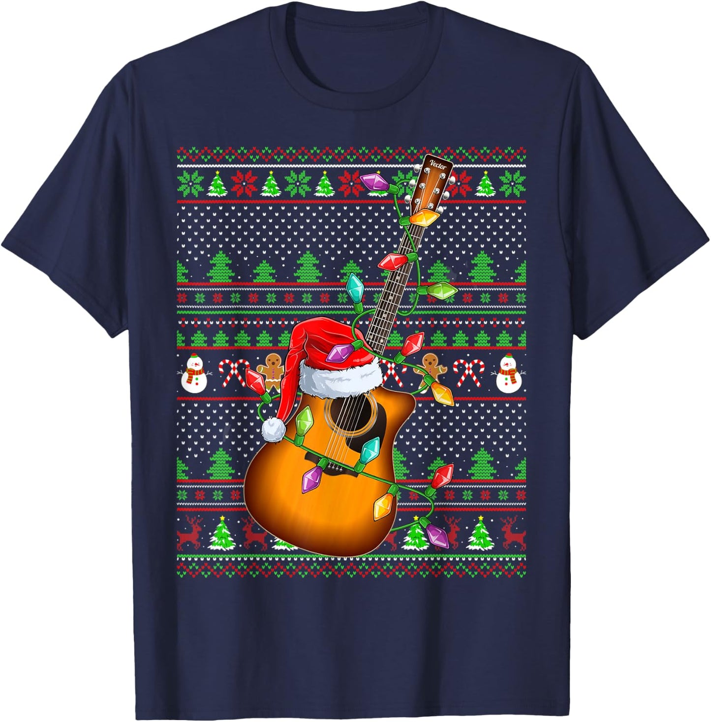 Ugly Xmas Sweater Style Lighting Guitar Christmas T-Shirt - T-Shirt | Navy