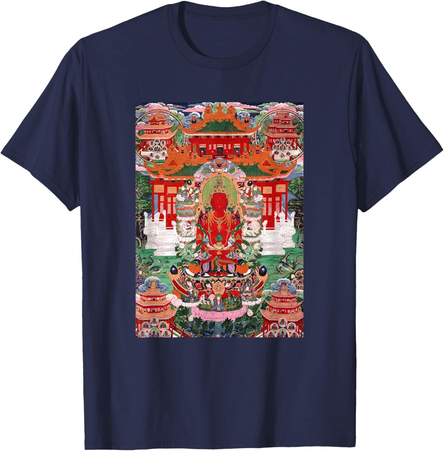 Buddha Amitayus in His Pure Land Tibetan Buddhist Thangka T-Shirt - T-Shirt | Navy