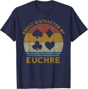 Easily Distracted By Euchre Vintage Euchre Card Game T-Shirt - T-Shirt | Navy