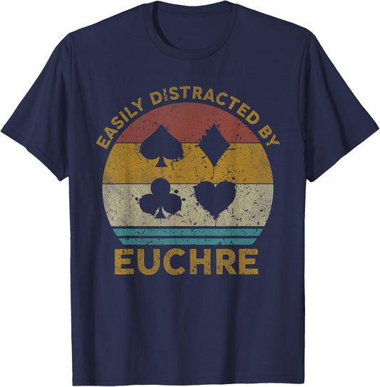 Easily Distracted By Euchre Vintage Euchre Card Game T-Shirt - T-Shirt | Navy