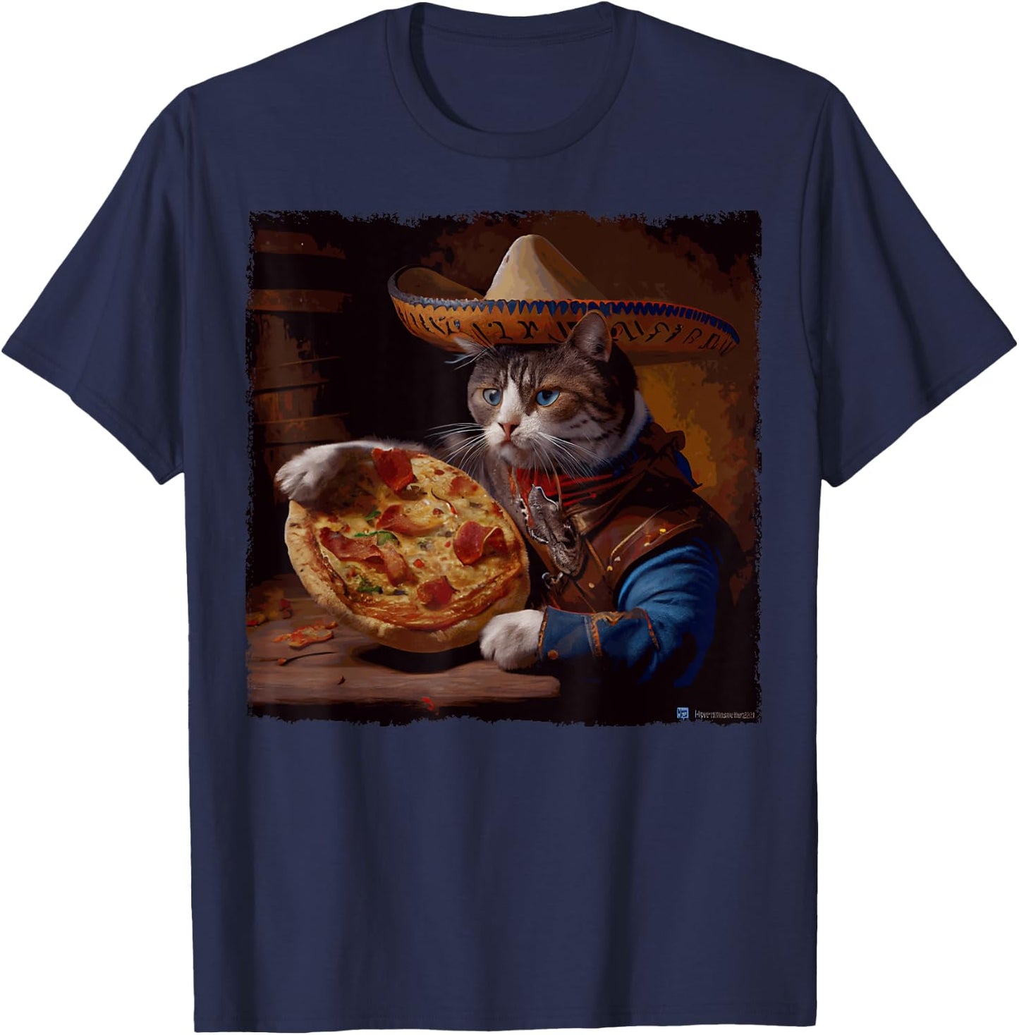 Funny Cat Cowboy Pizza T-Shirt - T-Shirt | Navy