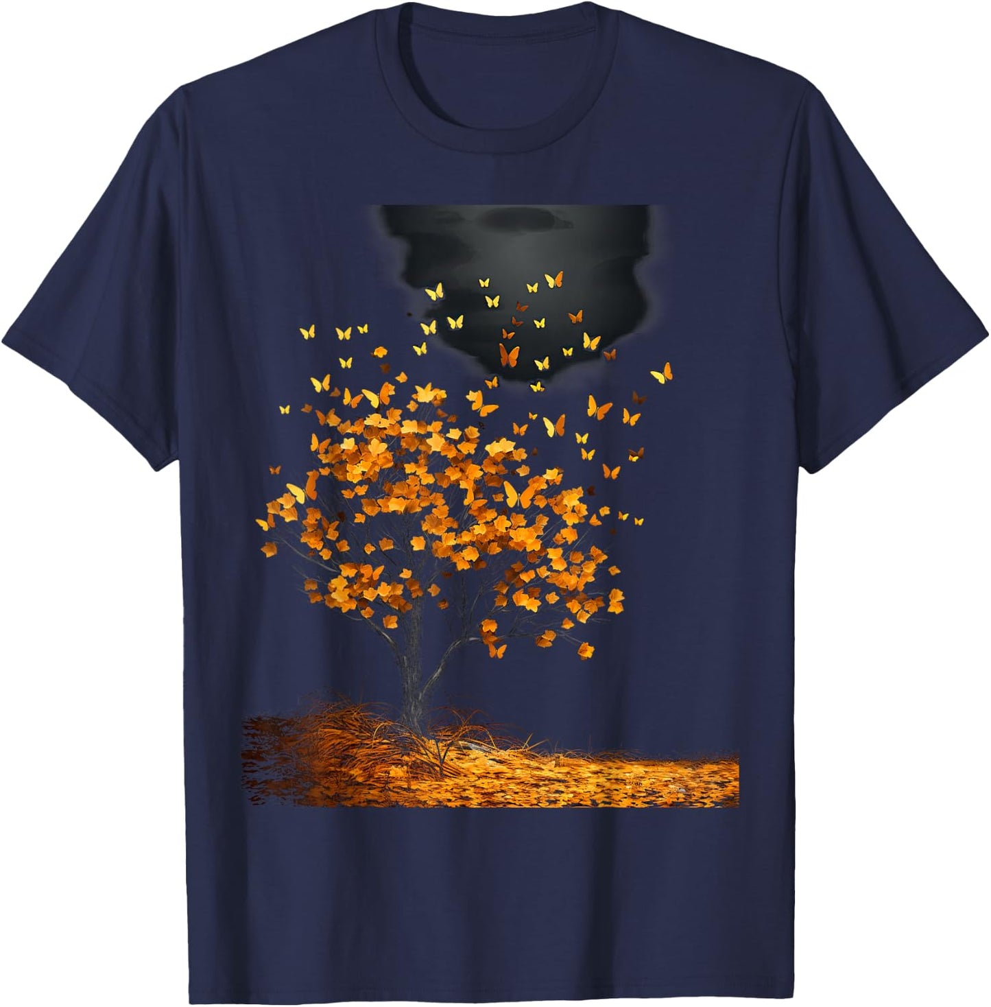 Fall Autumn falling leaves with Tree and Butterfly T-Shirt - T-Shirt | Navy
