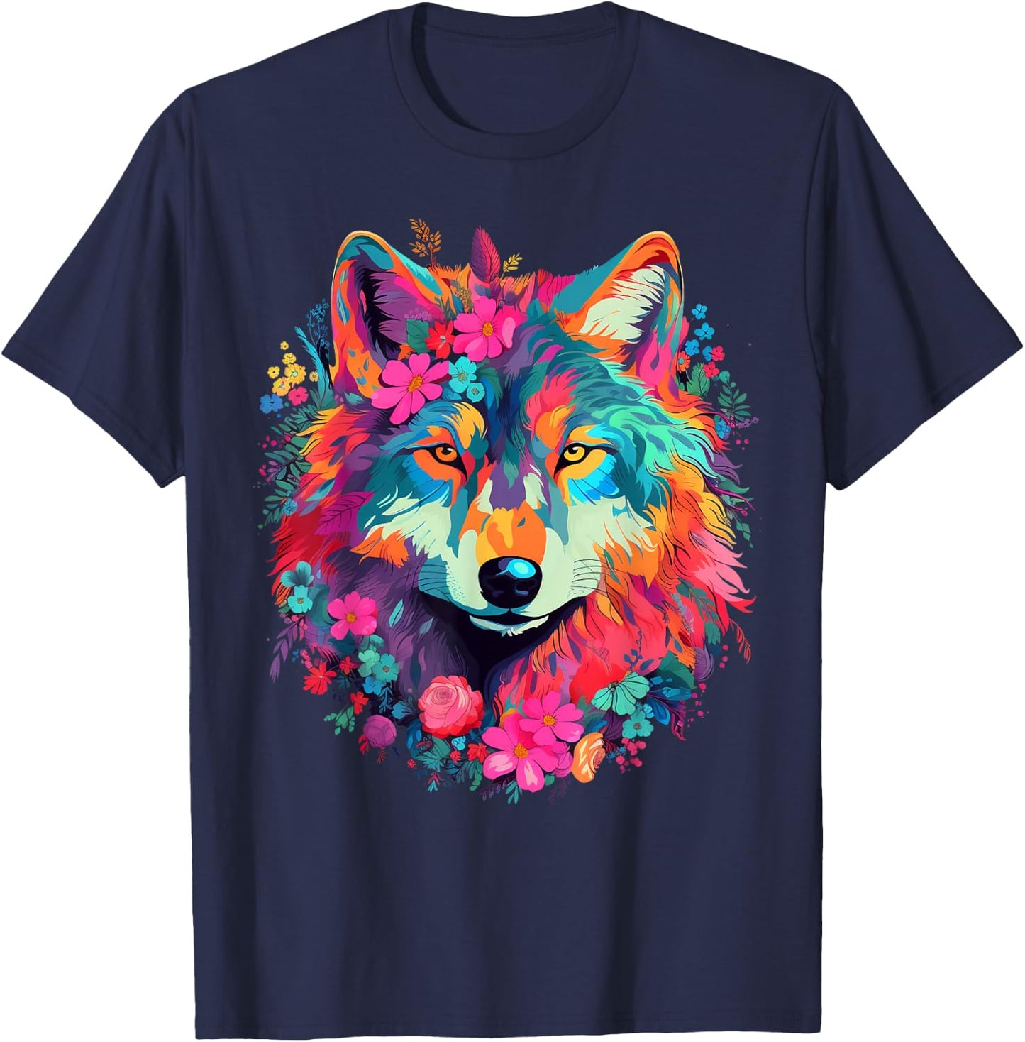 Cute Flower Wolf on summer Floral Wolf Men Women Kids T-Shirt - T-Shirt | Navy