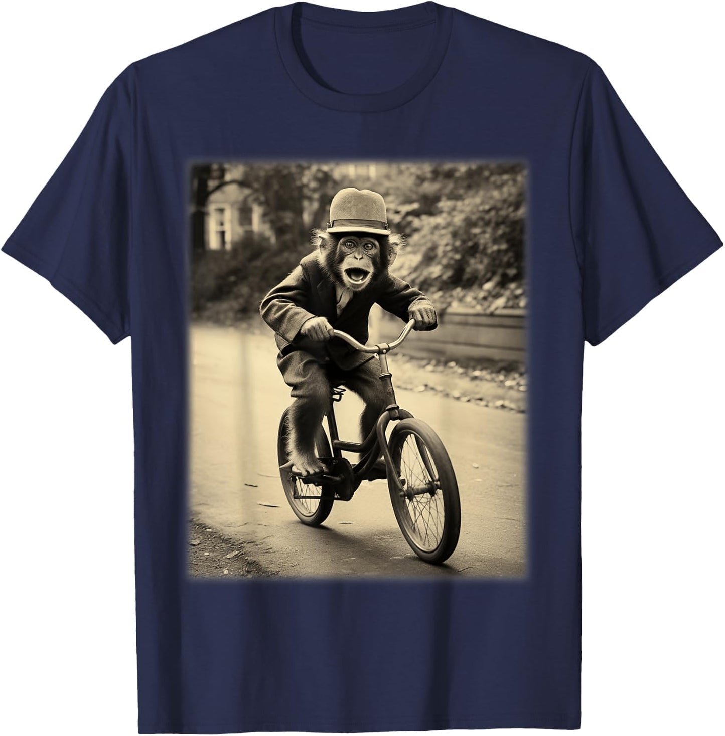 Funny Cute Monkey Chimp Riding Vintage Bicycle Men Woman T-Shirt - T-Shirt | Navy