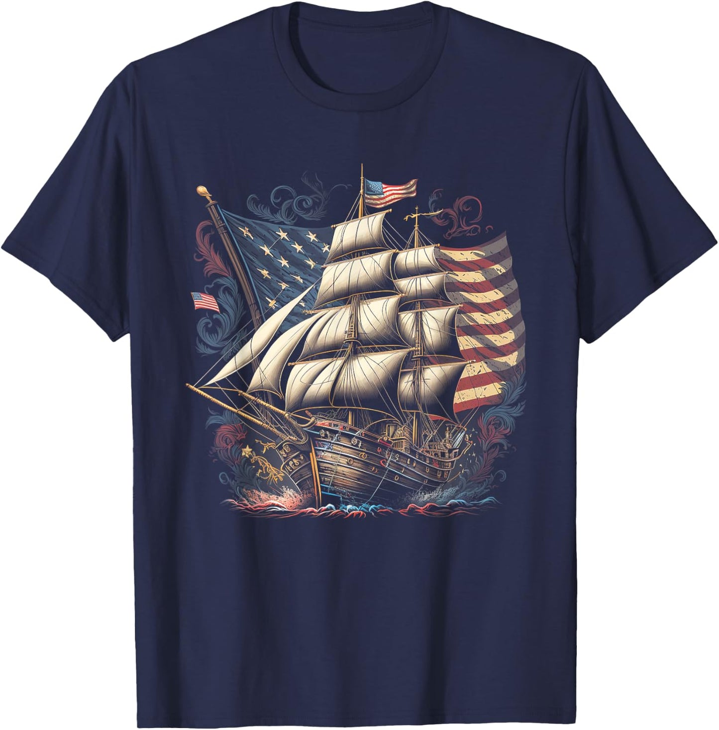 Pirate 4th of July American Flag USA America Funny Ship Boat T-Shirt - T-Shirt | Navy