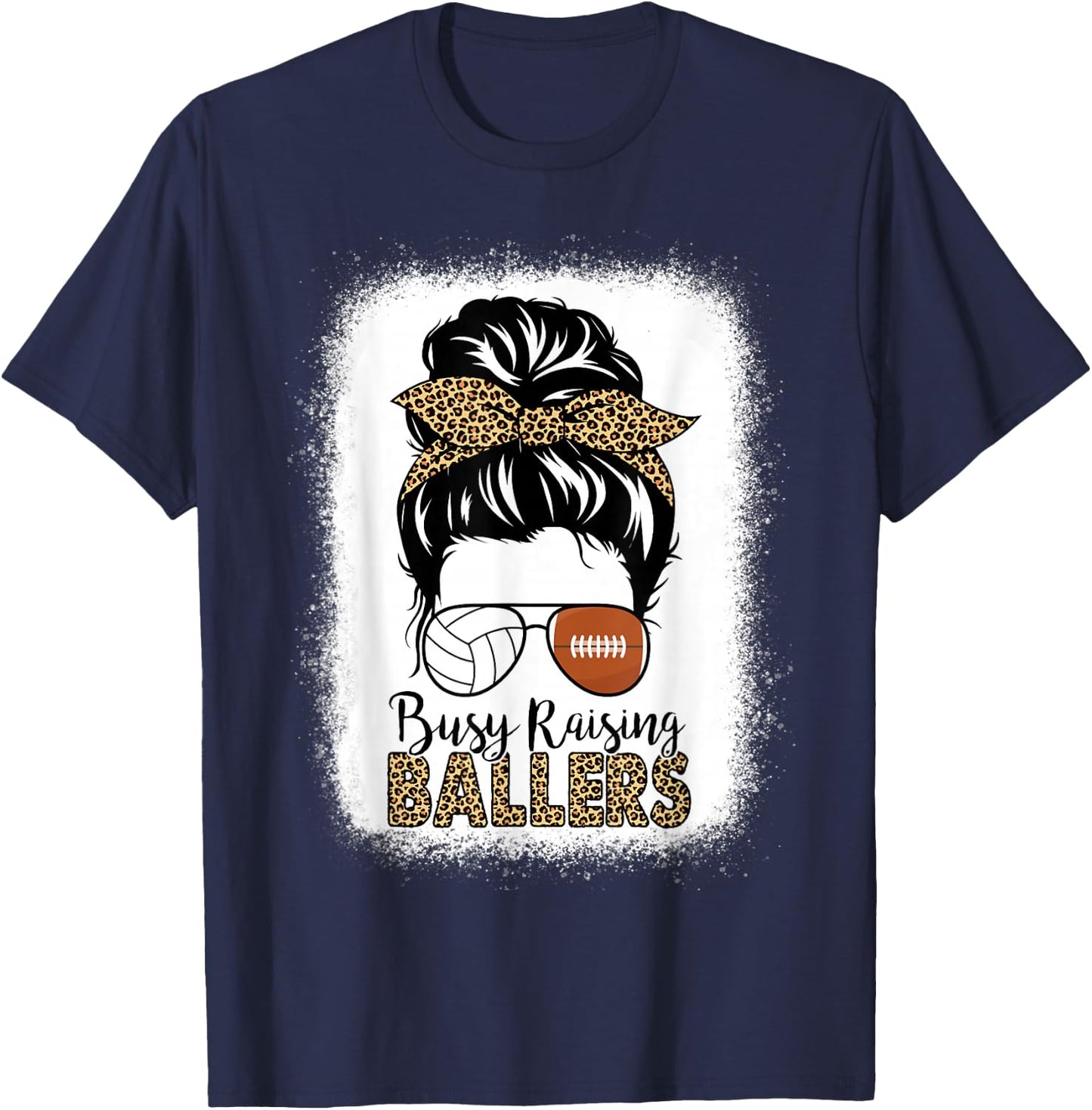 Volleyball And Football Mom Messy Bun Busy Raising Ballers T-Shirt - T-Shirt | Navy