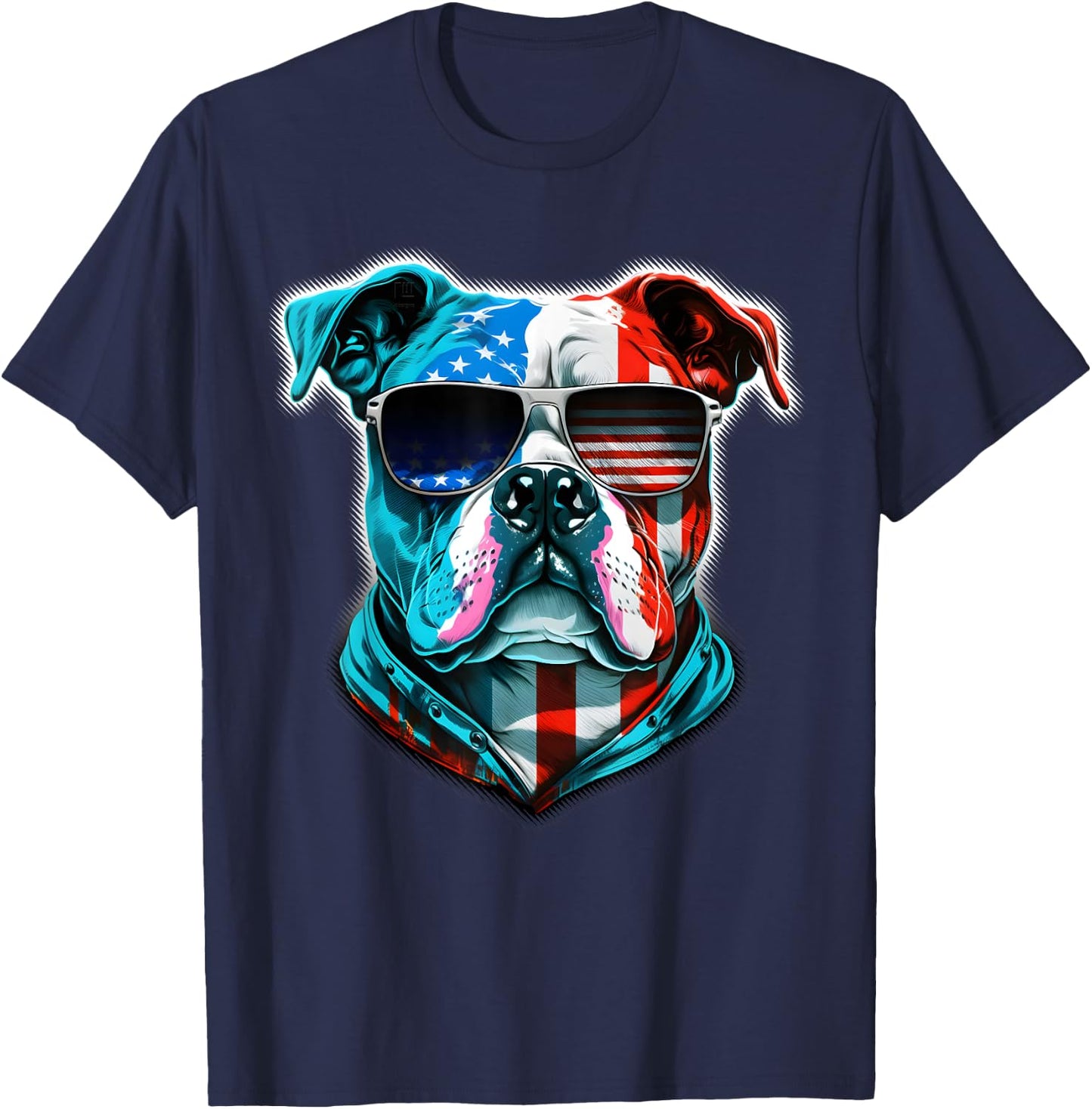 Bulldog Dog Red White Blue American Flag Sunglasses Kids Men T-Shirt - T-Shirt | Navy