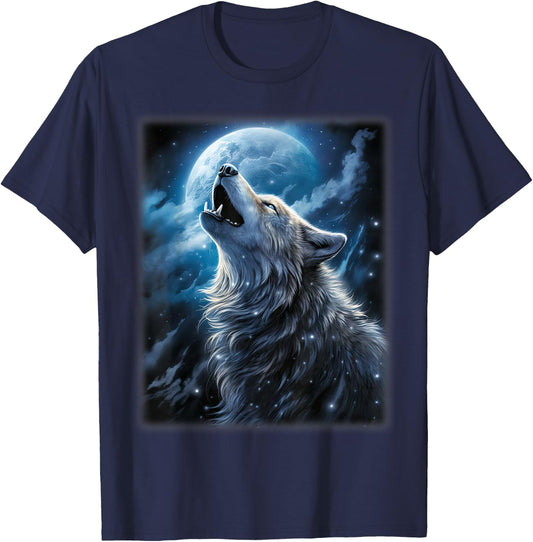 Wolf howling at the Moon Fantasy Art Wildlife T-Shirt - T-Shirt | Navy