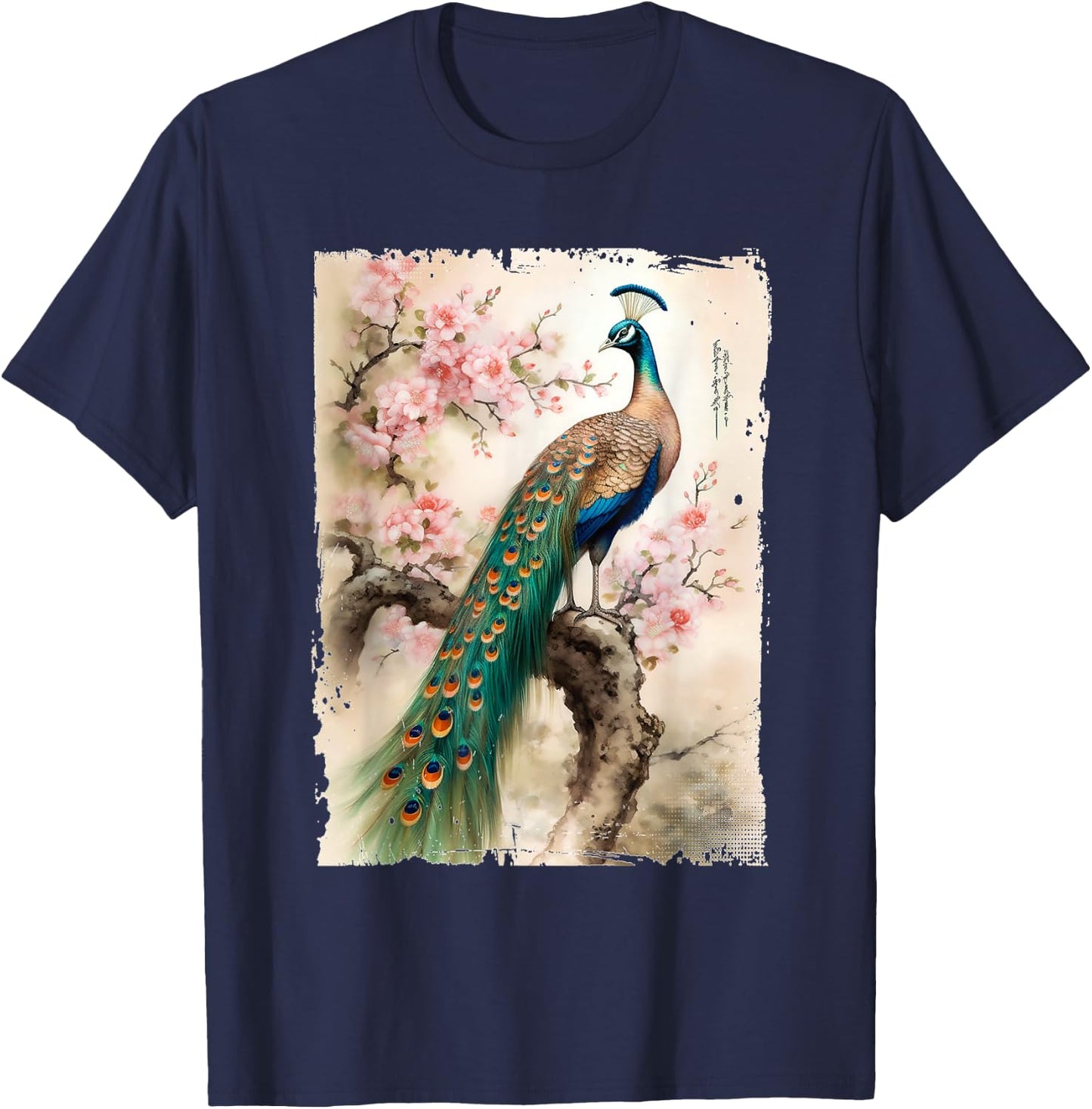 Beautiful Peacock Japanese Cherry Blossom Art T-Shirt - T-Shirt | Navy