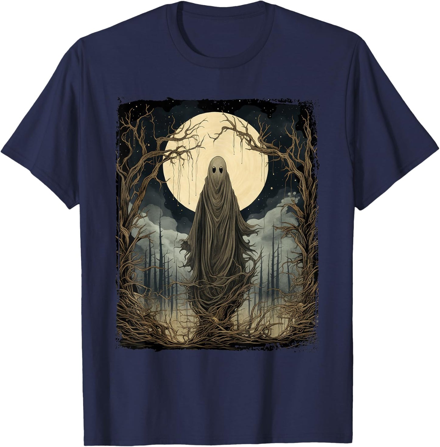 Vintage Art Men Women Retro Scary Gothic Halloween Ghost T-Shirt - T-Shirt | Navy
