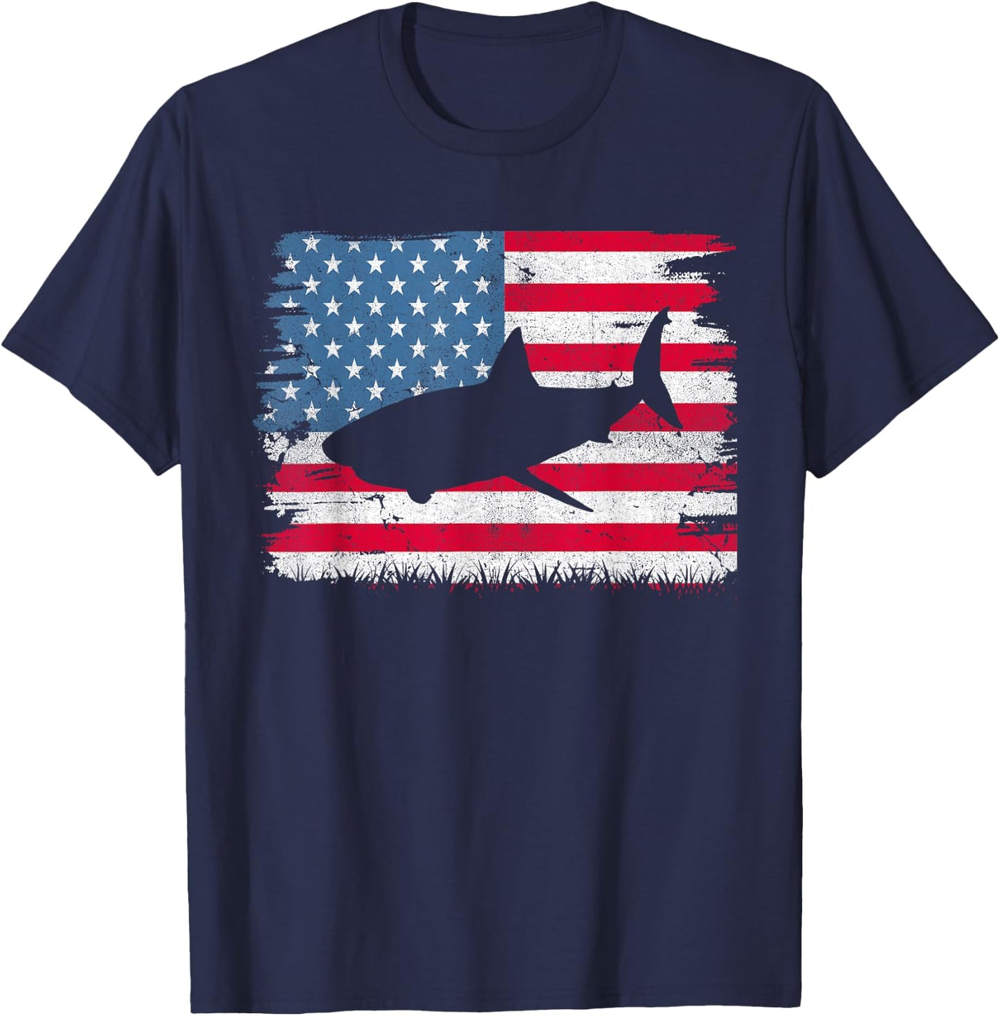 Shark American Flag USA 4th of July Men Women Boys Girls T-Shirt - T-Shirt | Navy