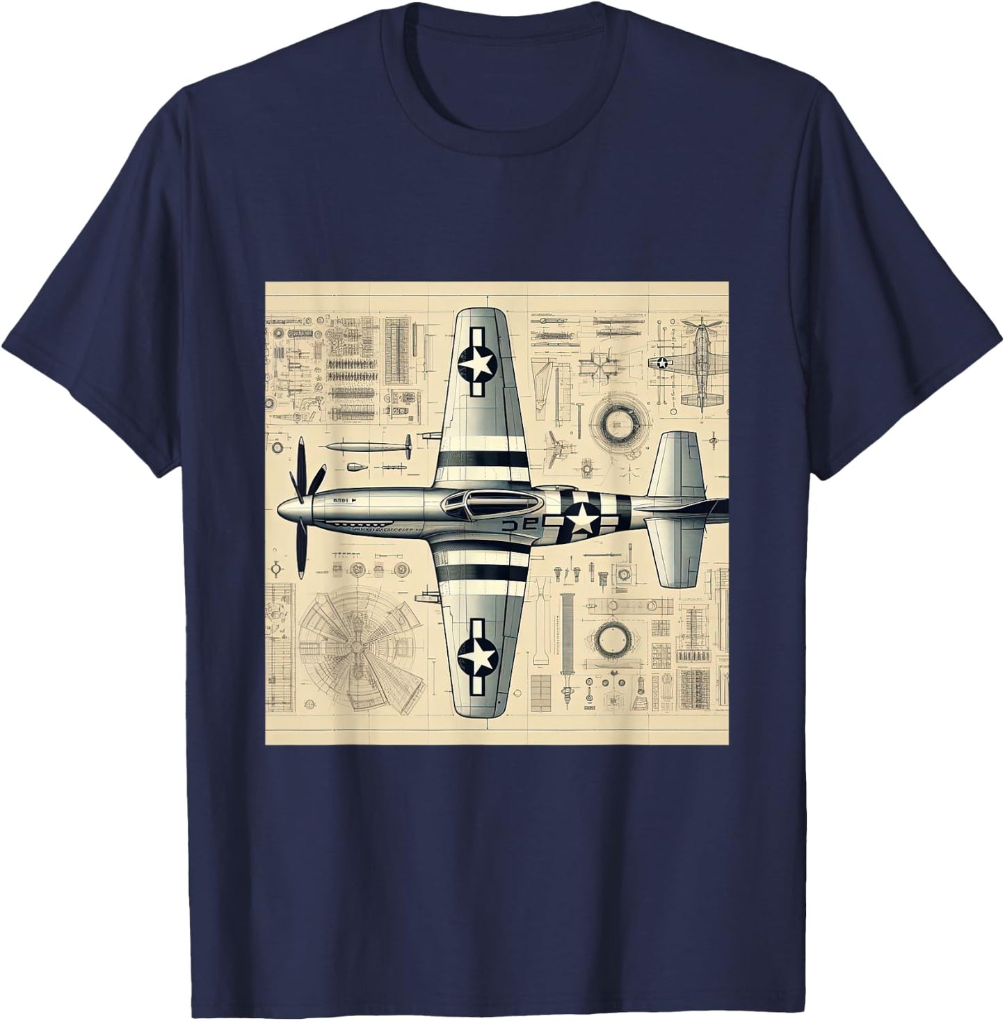 WW2 Warplane P51 Mustang Assembly Parts Blueprint T-Shirt - T-Shirt | Navy