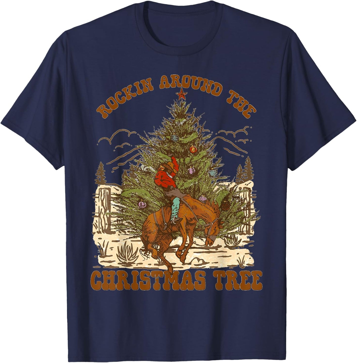 Rockin' Around Christmas Cowboy Tree Santa Ride Horse Pajama T-Shirt - T-Shirt | Navy
