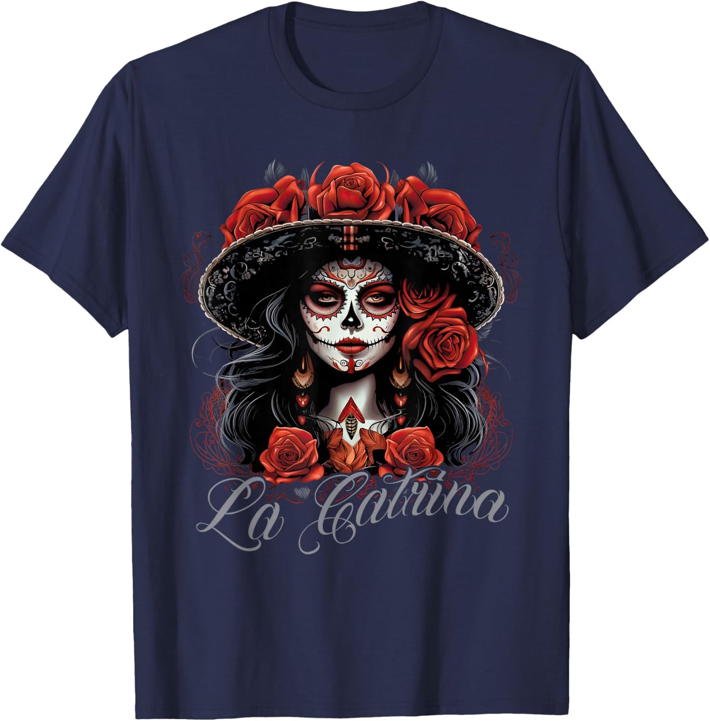 La Catrina Costume Unique Day of the Dead Dress - Women's Black X-Small Classic Fit Dress - Short Sleeve - Solid - - Pull On - 1 Count - Machine Wash T-Shirt - T-Shirt | Navy