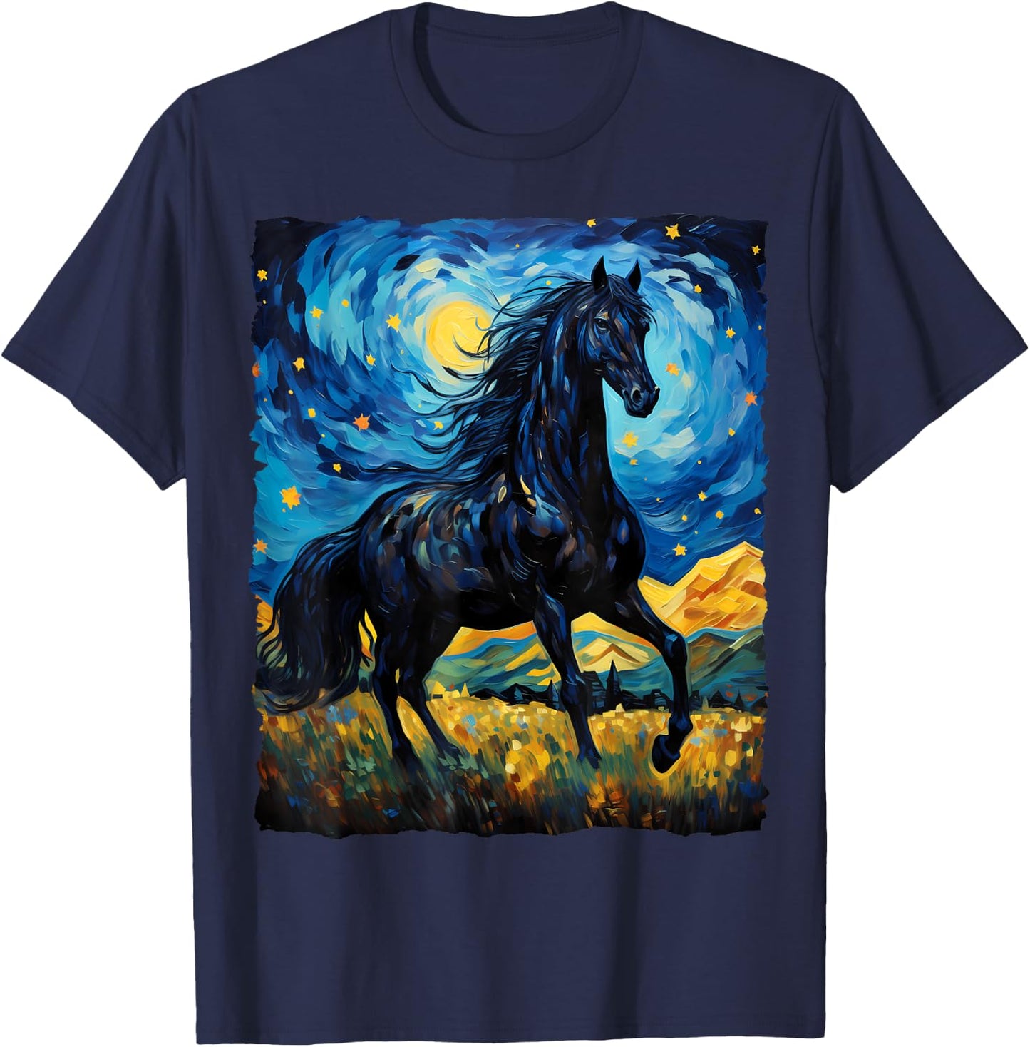 Black Horse Van Gogh Starry Night Painting Wild Animal Lover T-Shirt - T-Shirt | Navy