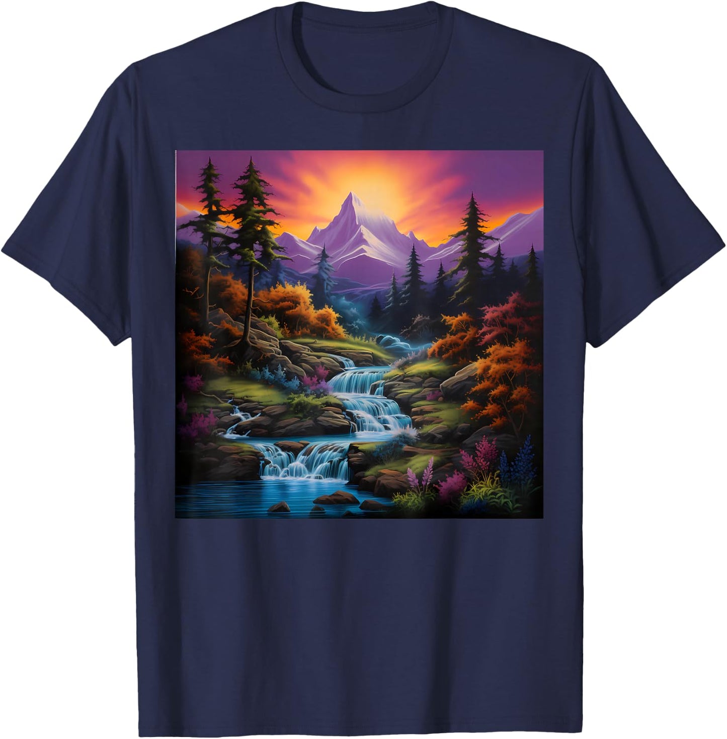 Fall Landscape Art Mountain River and Waterfalls for Hiking T-Shirt - T-Shirt | Navy