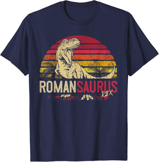 Roman Saurus Funny Personalized Dinosaur T Rex Name Boy Gift T-Shirt - T-Shirt | Navy