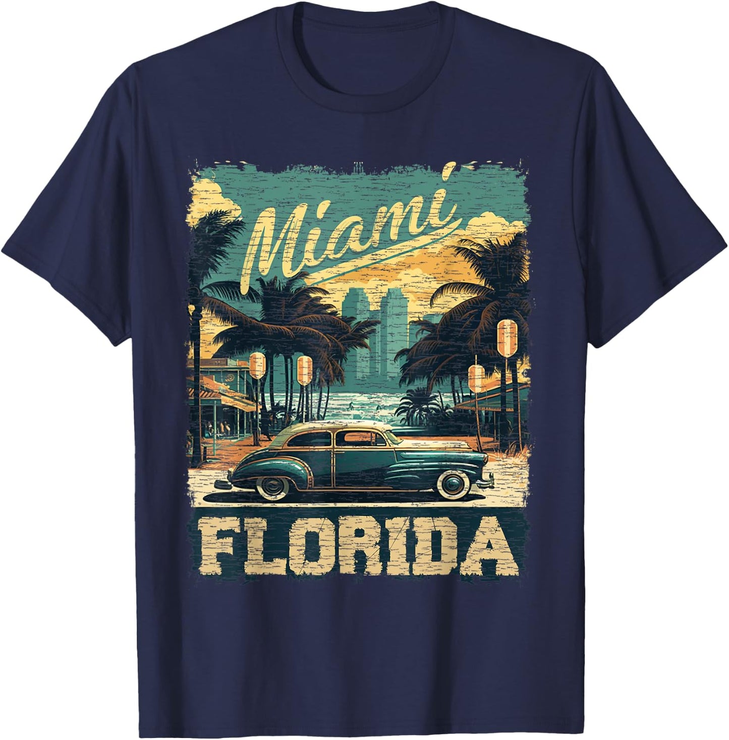 Vintage Miami Vibes Retro Florida T-Shirt - T-Shirt | Navy