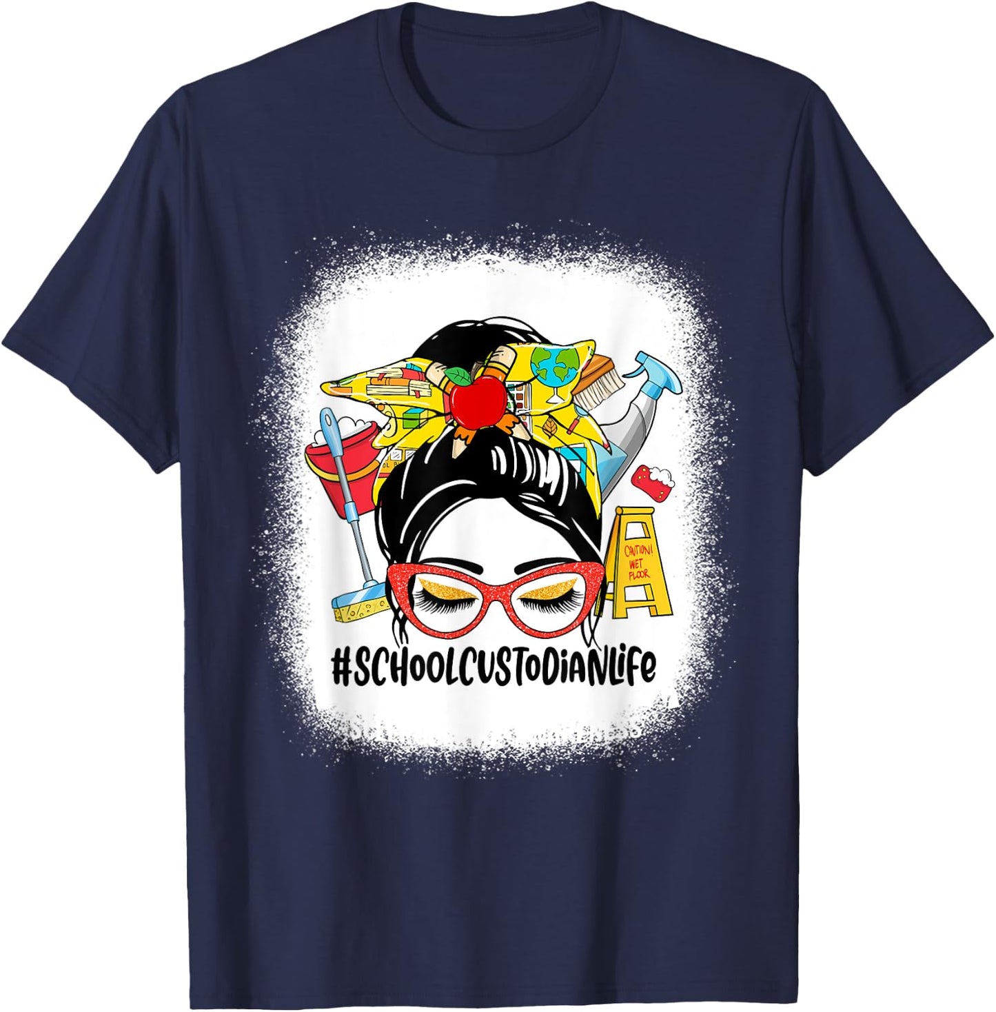 School Custodian Life Messy Bun Women School Custodian Gifts T-Shirt - T-Shirt | Navy