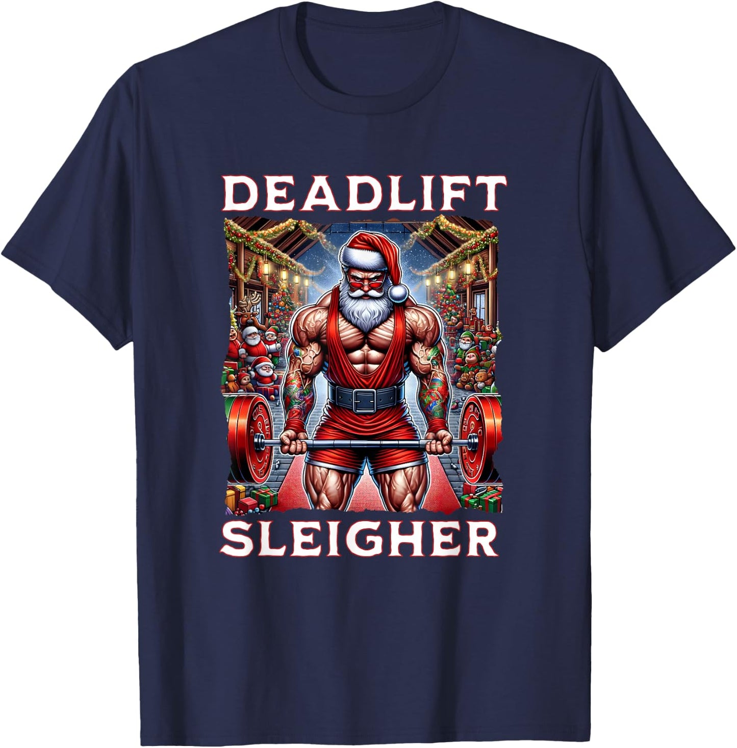 Deadlift Sleigher, Swole Santa Christmas T-Shirt - T-Shirt | Navy