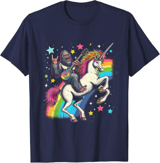 Funny Bigfoot Riding a Rainbow Unicorn T-Shirt - T-Shirt | Navy