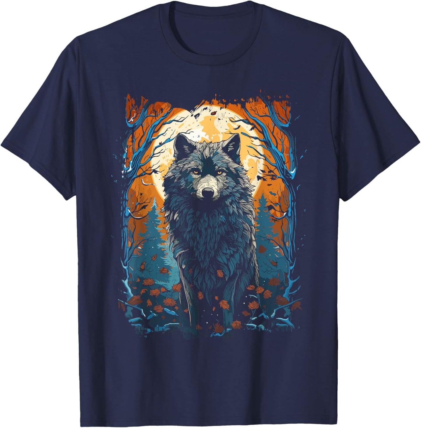 Wolf and Moon, Forest, Nature Art Women, Men T-Shirt - T-Shirt | Navy