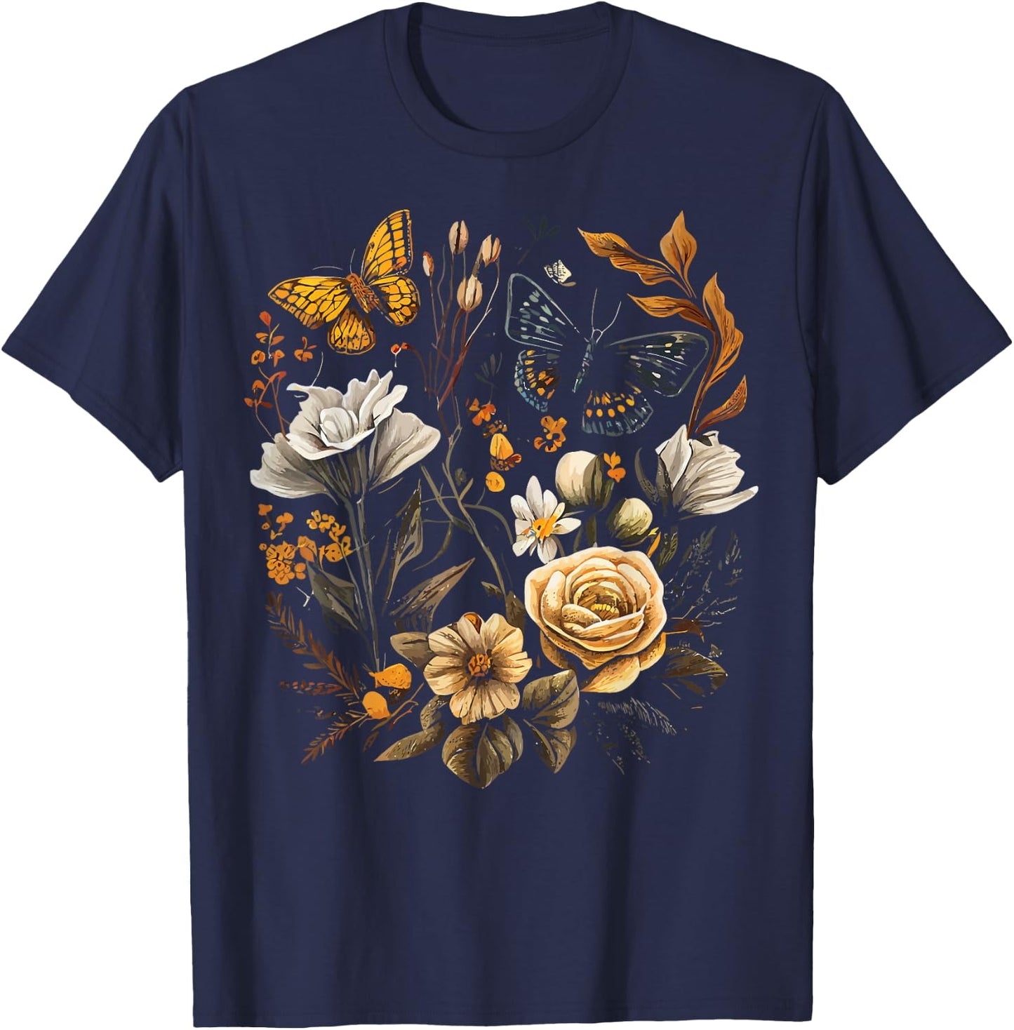 Vintage Pressed Flowers Butterflies Floral Boho Wildflowers T-Shirt - T-Shirt | Navy