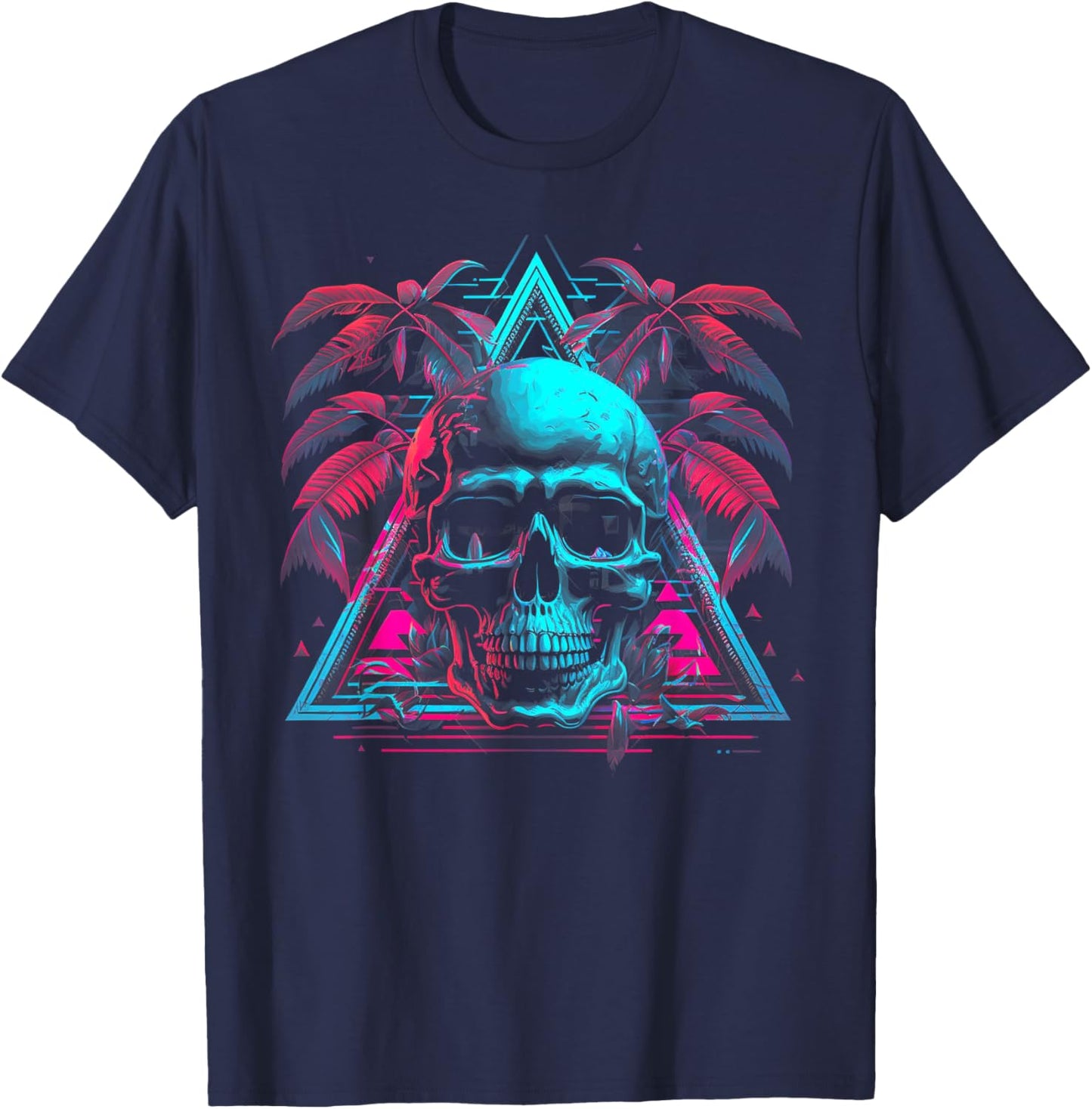 Skull Vaporwave Retrowave Aesthetic Synthwave 80s Palm Tree T-Shirt - T-Shirt | Navy