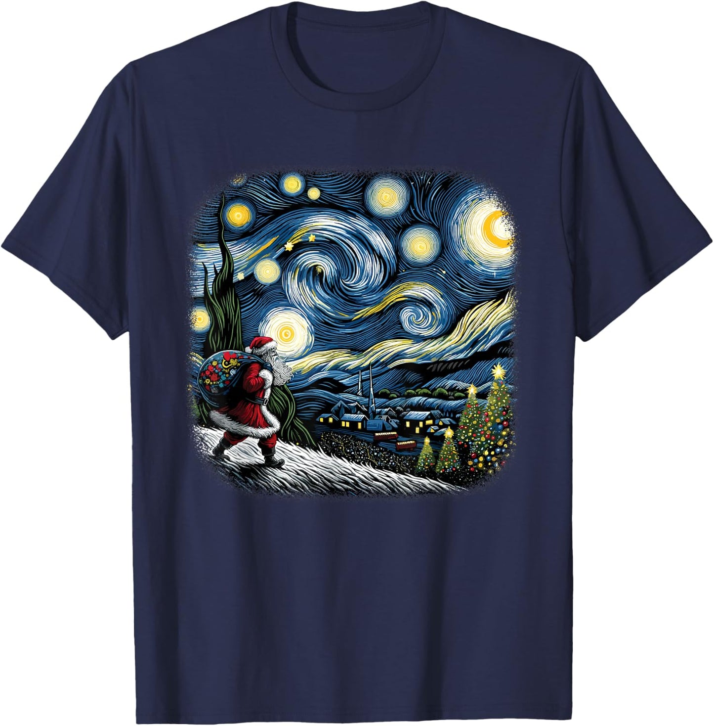 Van Gogh Starry Night Santa Christmas Winter Snowy Night T-Shirt - T-Shirt | Navy