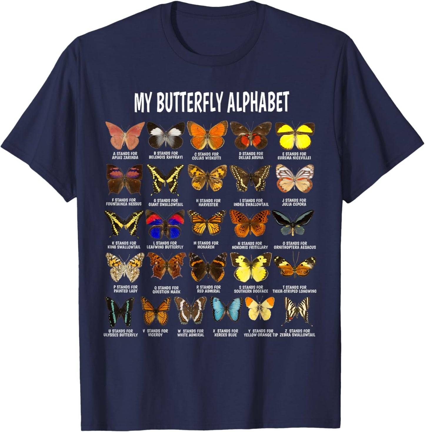 Types of Butterflies Alphabet ABC Butterfly Identification T-Shirt - T-Shirt | Navy