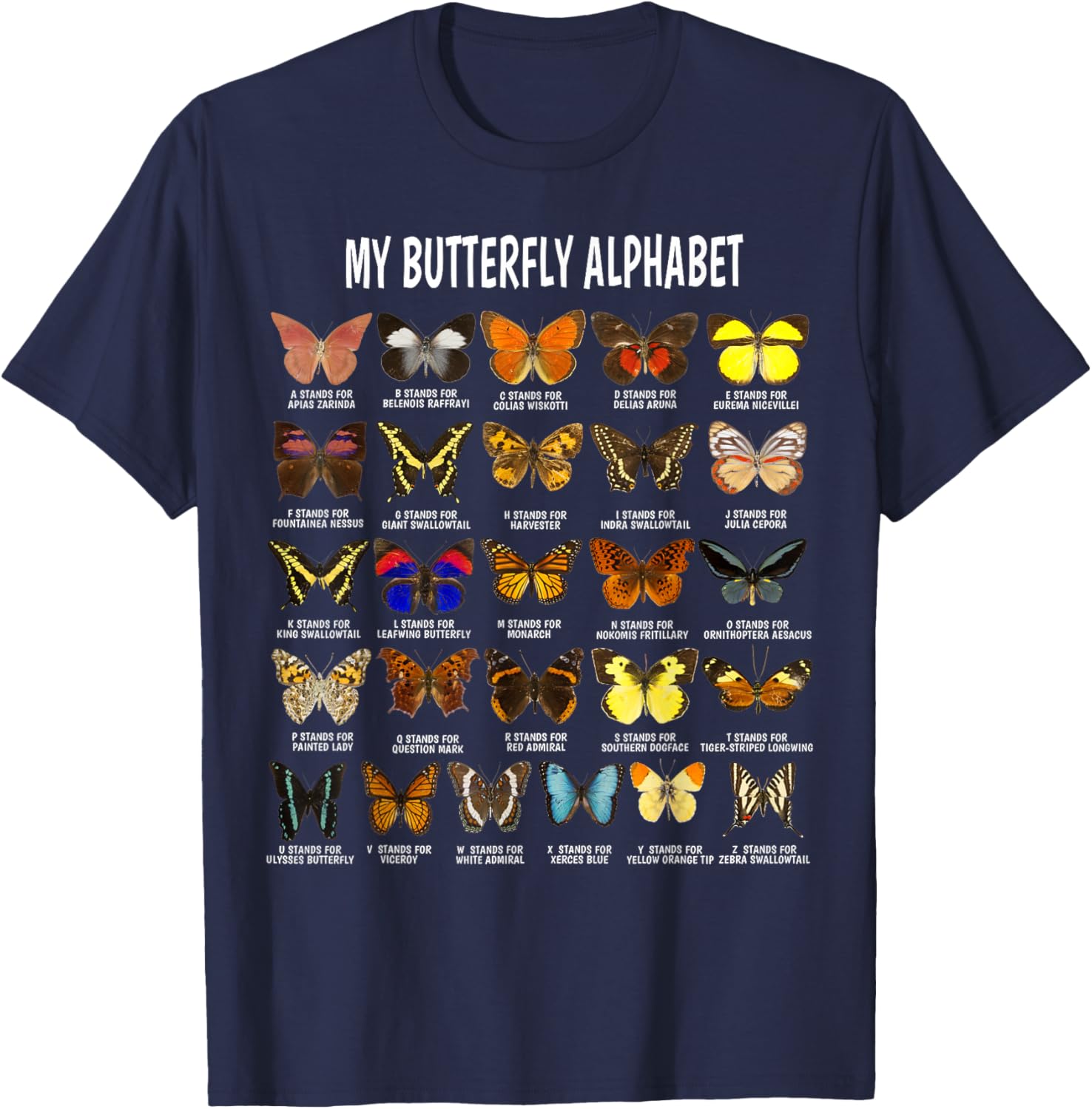 Types of Butterflies Alphabet ABC Butterfly Identification T-Shirt - T-Shirt | Navy