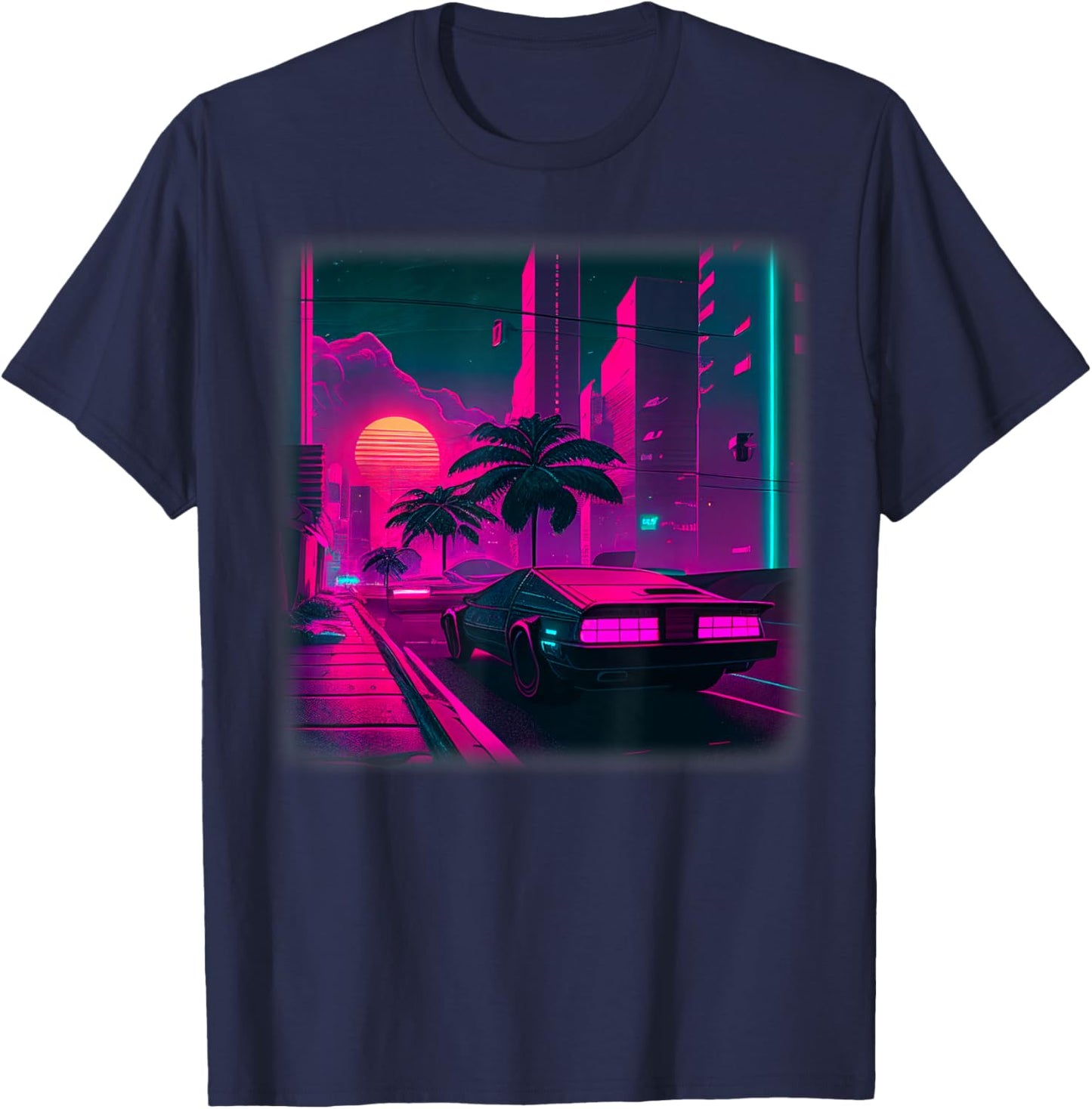 Synthwave Vaporwave Sunset Palm Trees 80s 90s Illustration T-Shirt - T-Shirt | Navy