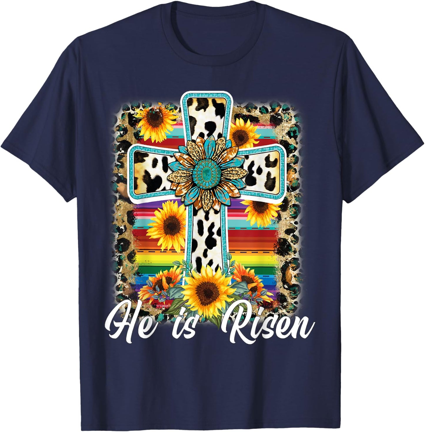 He is Risen Sunflower Leopard Cross Happy Easter Day T-Shirt - T-Shirt | Navy