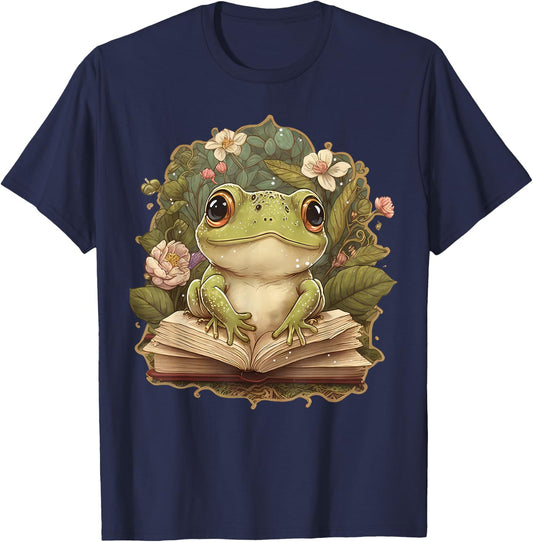 Cute Cottagecore Floral Frog Aesthetic Girls Women Graphic T-Shirt - T-Shirt | Navy