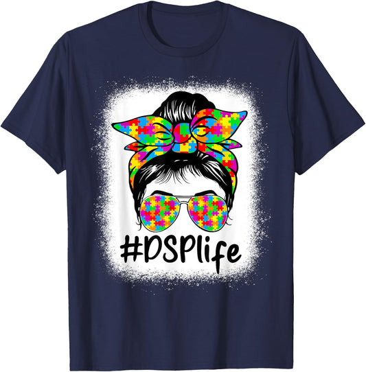 DSP Direct Support Staff Messy Bun Women Autism Awareness T-Shirt - T-Shirt | Navy