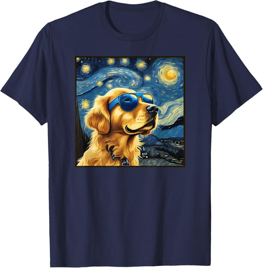 Van Gogh Starry Night Cute Dog Golden Retriever shirt T-Shirt - T-Shirt | Navy