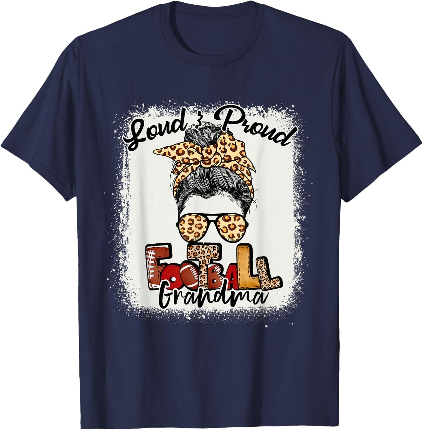 Loud & Proud Football Grandma Messy Bun Bleached T-Shirt - T-Shirt | Navy