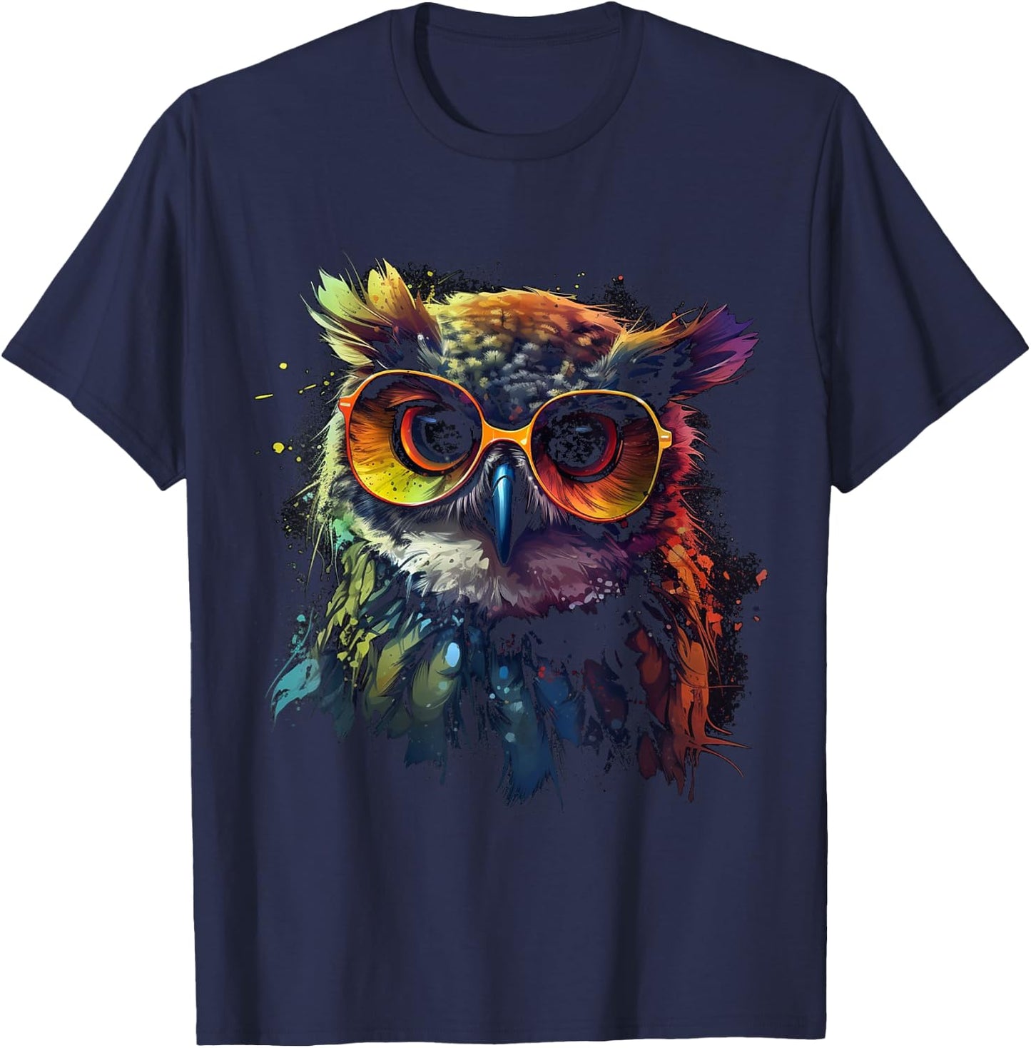 Owl Artwork - Animal Glasses Colourful Bird Art Owl T-Shirt - T-Shirt | Navy