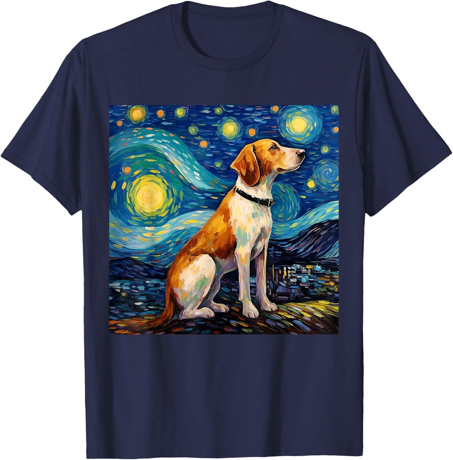 Surreal Starry Night American Foxhound Dog T-Shirt - T-Shirt | Navy