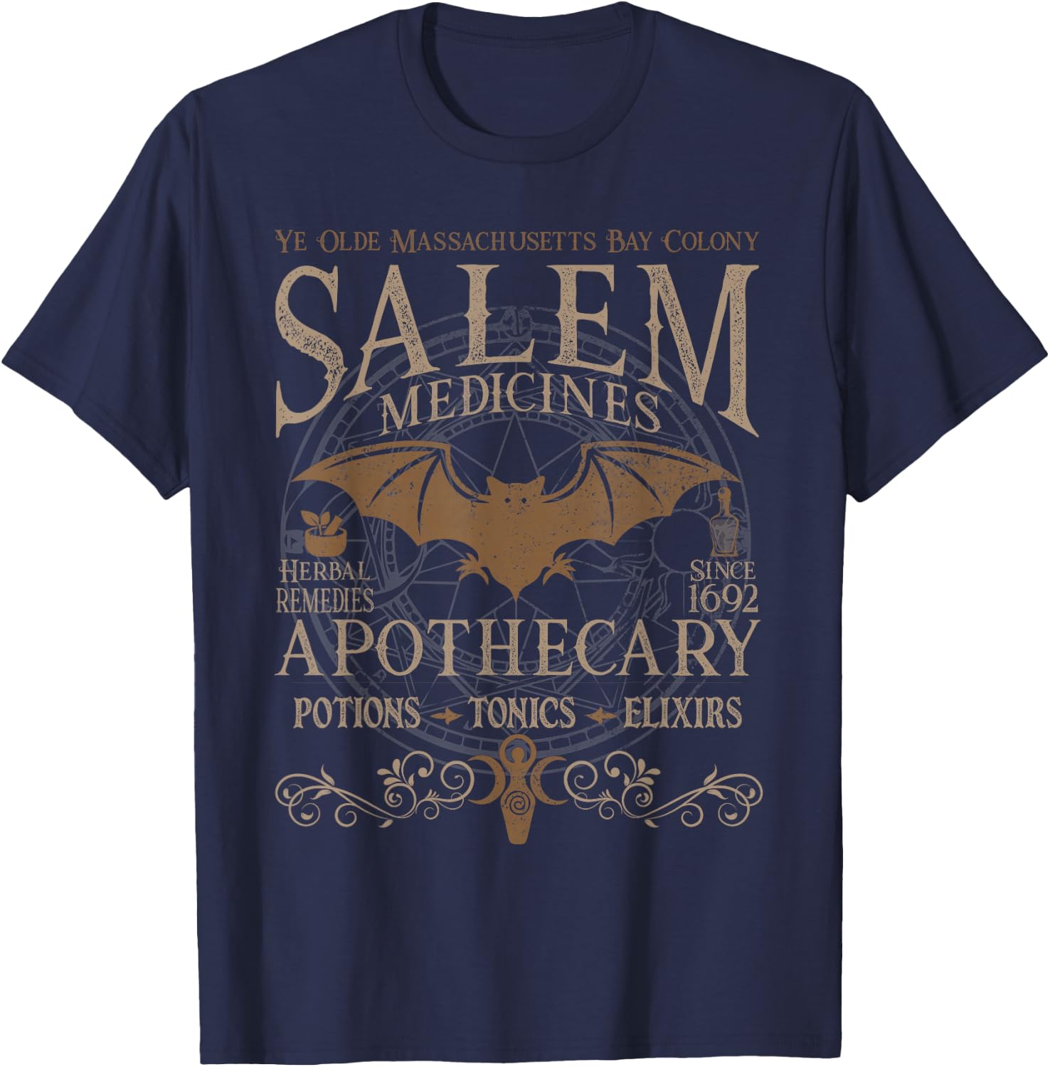 Salem Apothecary Medicines Herbal Witch Bat Beige T-Shirt - T-Shirt | Navy