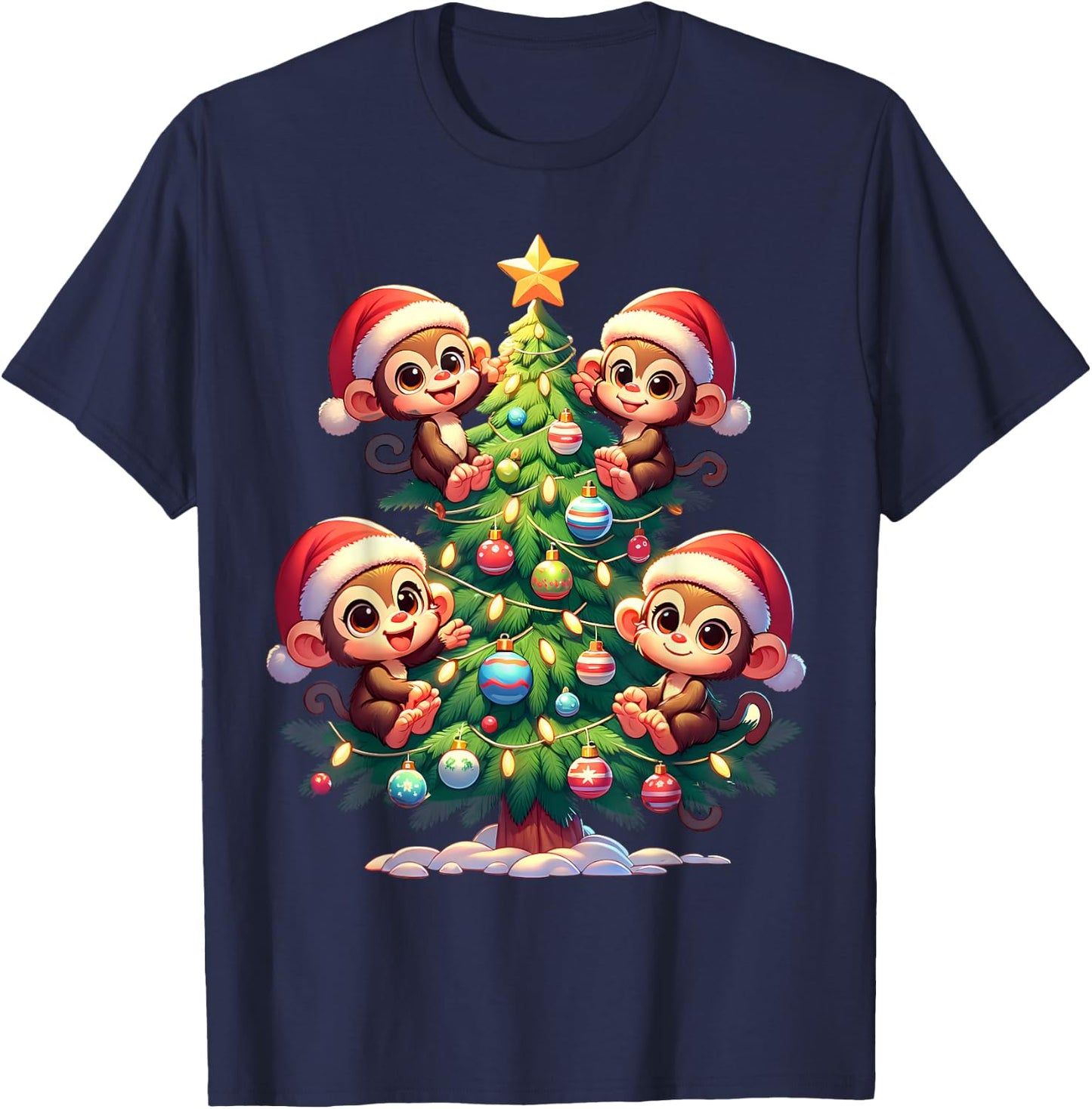 Kawaii Monkey Christmas Tree Cartoon Animals Primate T-Shirt - T-Shirt | Navy
