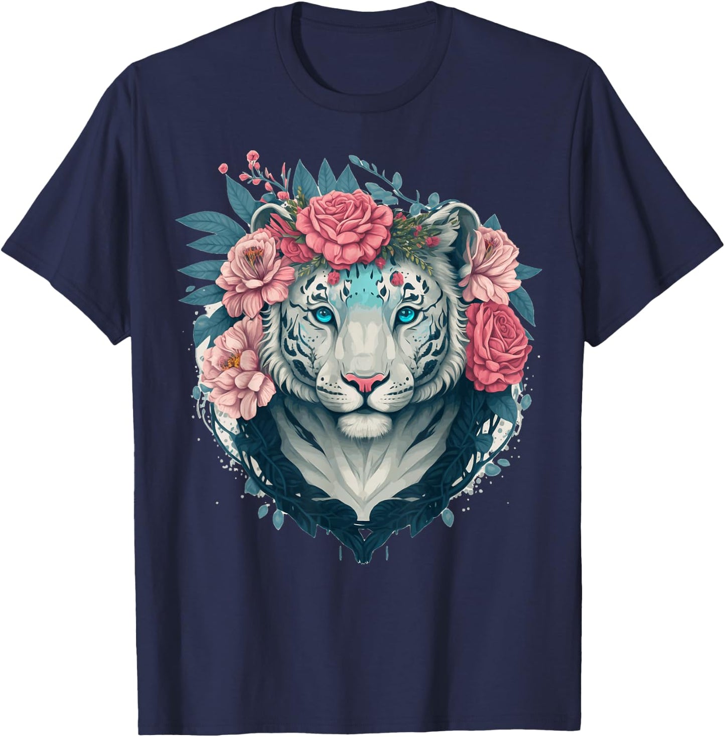 White Bengal Tiger Flower Crown Floral Animal Lovers T-Shirt - T-Shirt | Navy