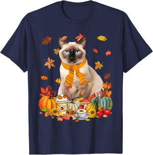 Cup Of Coffe & Siamese Cat Pumpkins Fall Vibes Thanksgiving T-Shirt - T-Shirt | Navy