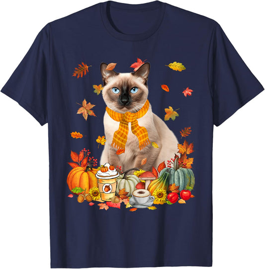 Cup Of Coffe & Siamese Cat Pumpkins Fall Vibes Thanksgiving T-Shirt - T-Shirt | Navy