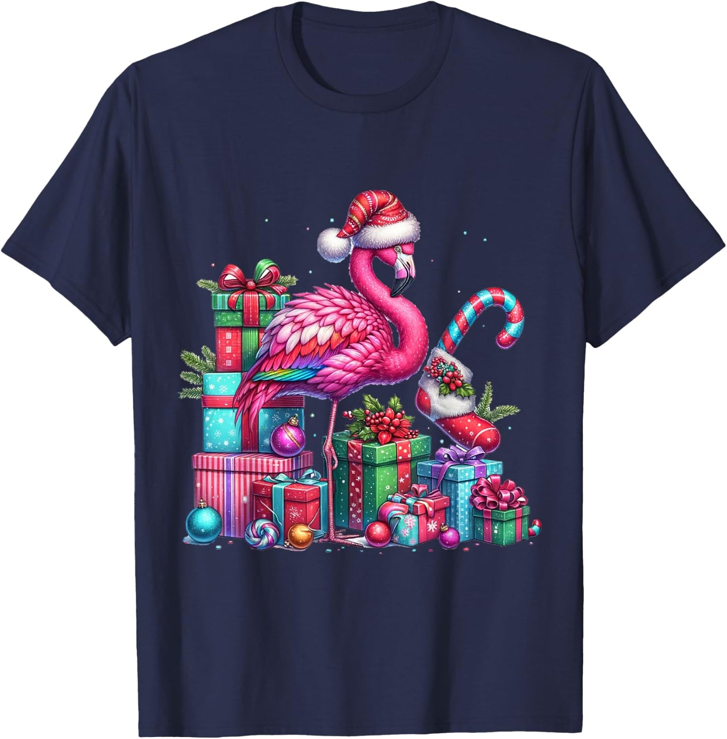 Funny Festive Flamingo Holiday Pink Christmas Xmas Santa Hat T-Shirt - T-Shirt | Navy