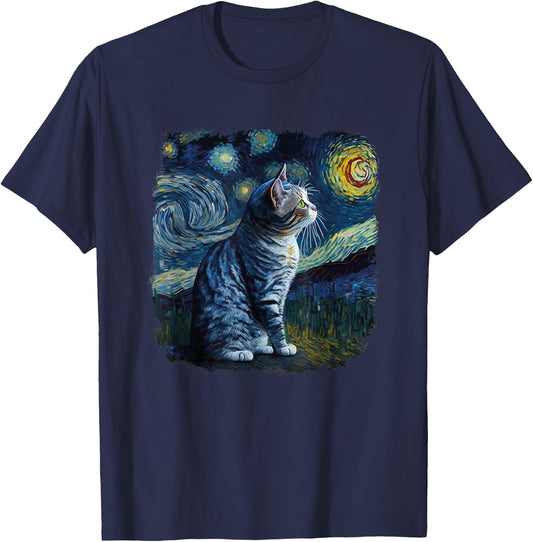Funny Van Gogh Starry Night Cat American Shorthair Cat Lover T-Shirt - T-Shirt | Navy