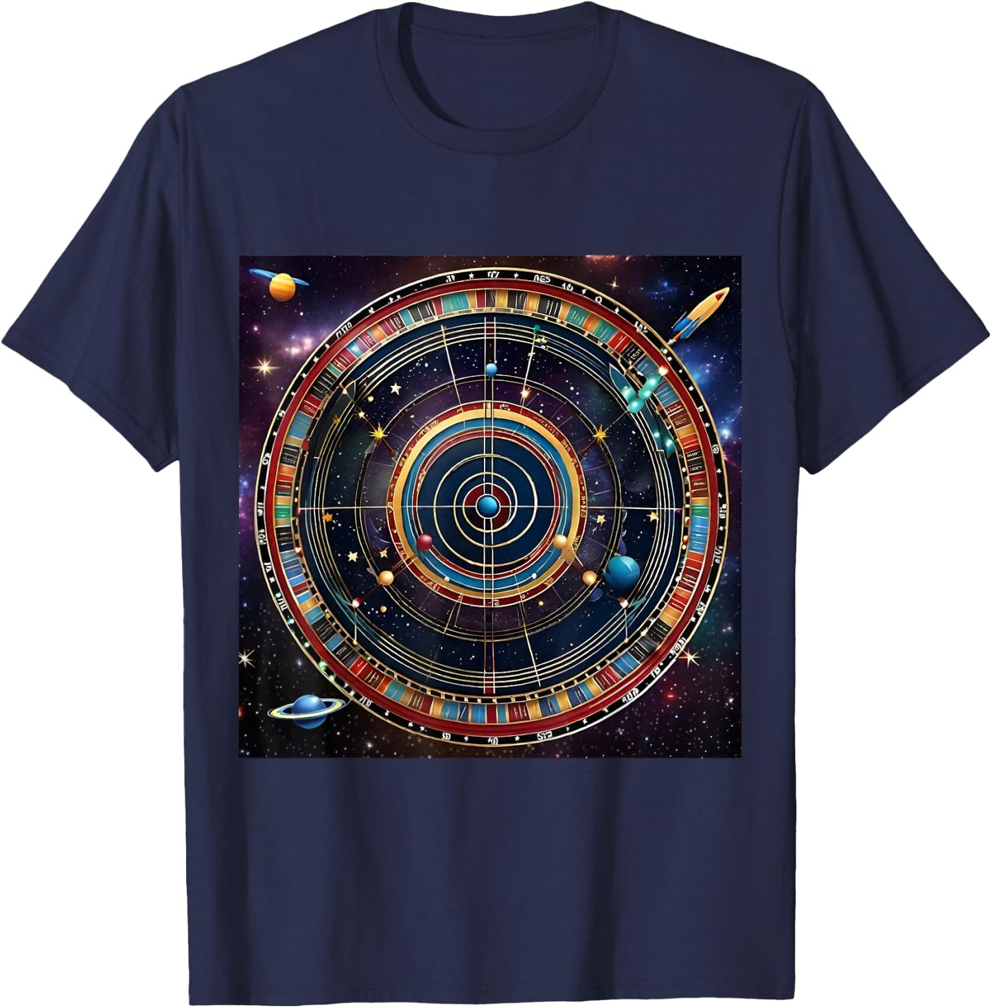 Bullseye Beyond -Adults Kids , Black, Small, Short Sleeve, Modern, Astrological, Sports, Professional, Themed- , Interstellar Challenge: Cosmic Dartboard T-Shirt - T-Shirt | Navy