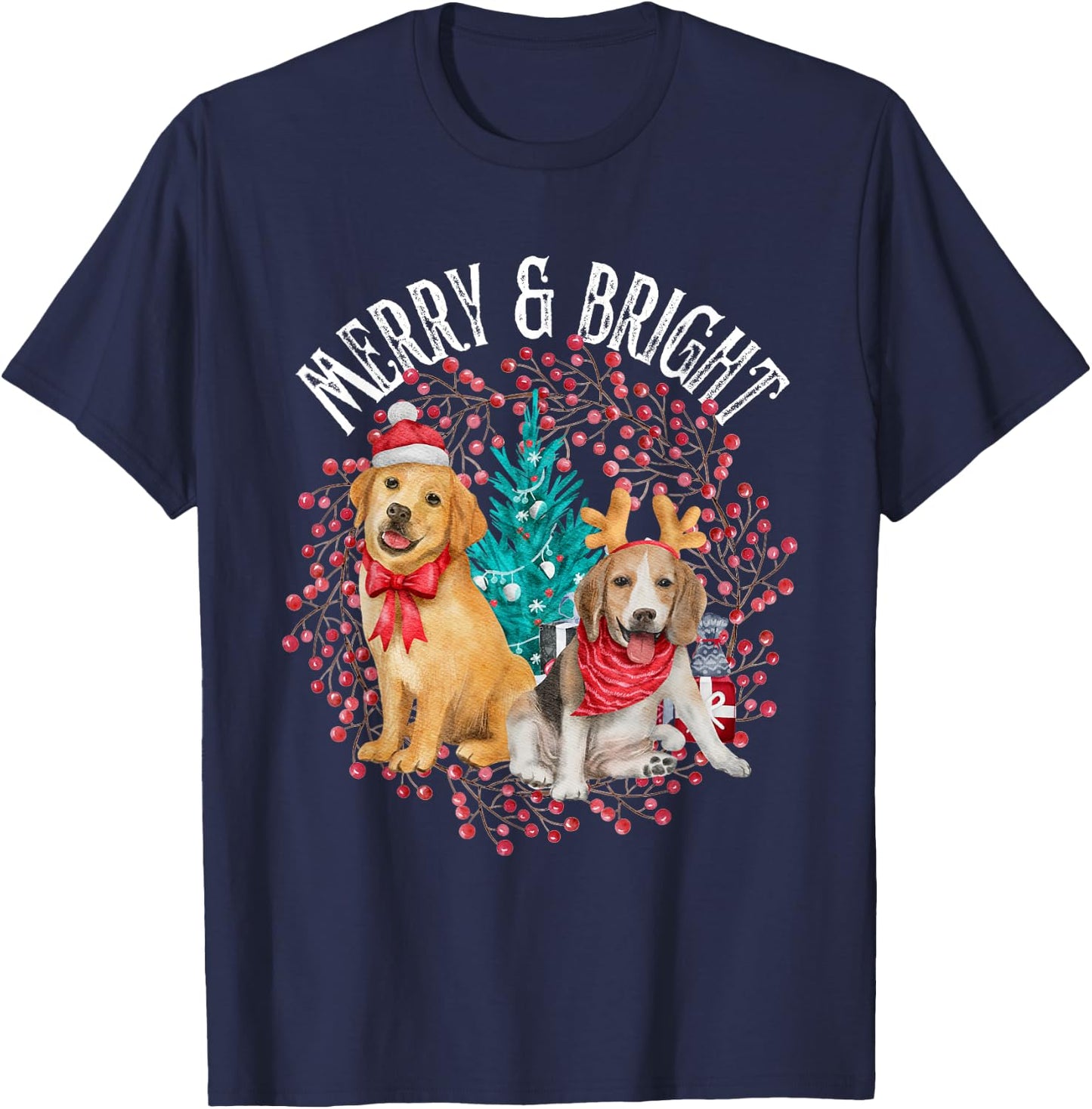 Christmas Beagle and Golden Retriever T-Shirt - T-Shirt | Navy