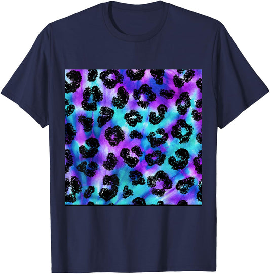 Purple Turquoise Black Leopard Tie Dye Print Cheetah Pattern T-Shirt - T-Shirt | Navy