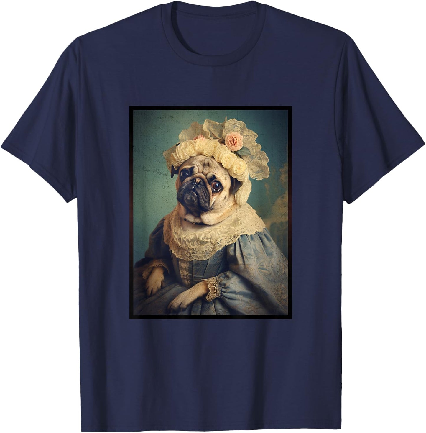 Pug Dog Portrait Renaissance Funny Pet Mom Dad Women Girls Kids T-Shirt - T-Shirt | Navy